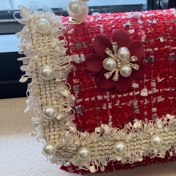 New Cherry Red Faux Pearls Fashion Tweed Mini Kelly Bag + crossbody strap gift - Picture 4 of 5